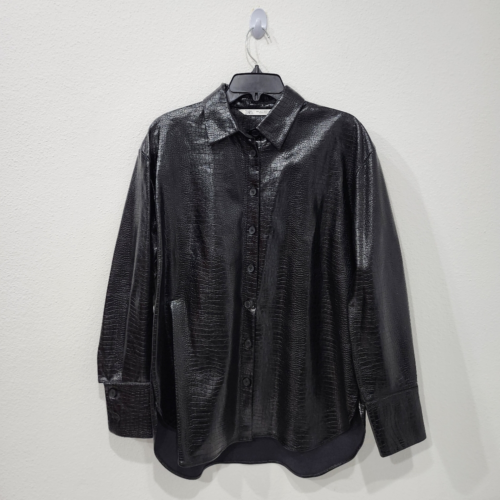 Zara Faux Leather Longsleeve Button Shirt Jacket Shacket Women's Size Large